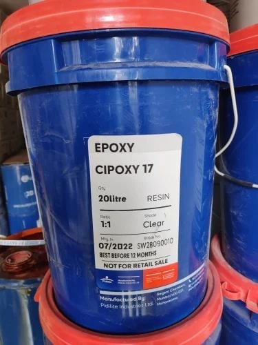 Blue bucket with red lid containing Epoxy Cipoxy 17 resin, 20 litre size, with product label and 1:1 ratio marking