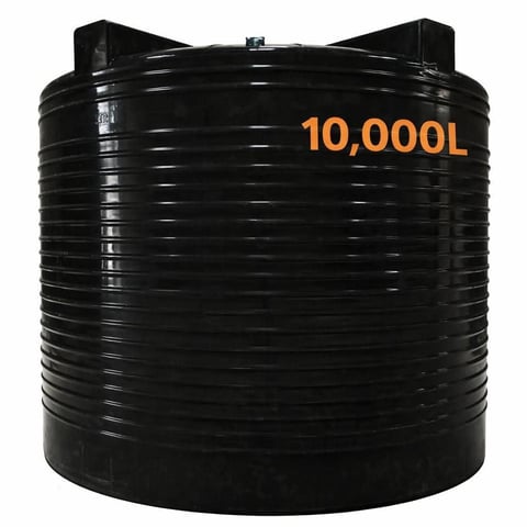 Large black cylindrical water storage tank with 10,000L capacity marked in orange text, featuring horizontal ribbed panels and carrying handles