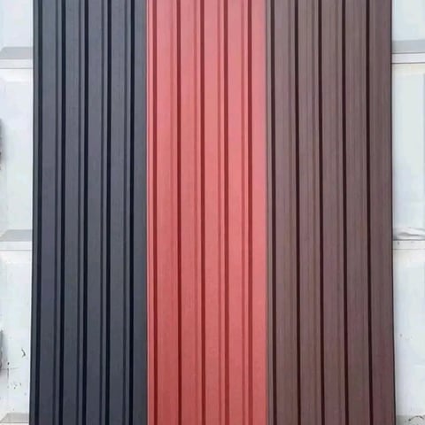 Color palette display showing vertical corrugated metal sheets in shades of gray, red, and brown