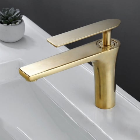 Gold bathroom faucet on white sink with small potted succulent plant in background against dark wall