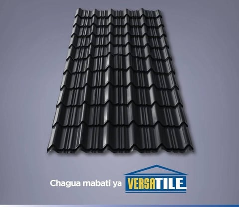 Black corrugated metal roof tile with wave pattern and Verga Tile company logo and text at bottom