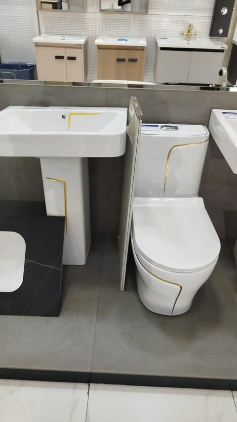 Bathroom fixtures showroom displaying white ceramic pedestal sink and modern toilet with gold accents, with additional vanity units displayed in background