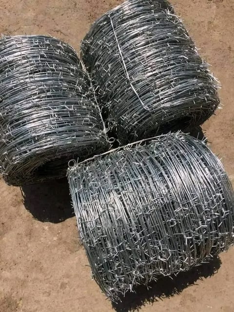 Three coils of barbed wire stacked on dirt ground