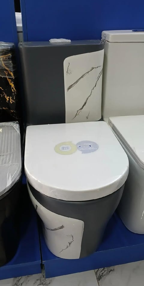 Modern white and gray toilet with dual flush buttons displayed in a showroom with blue wall background and marble-pattern tank designs